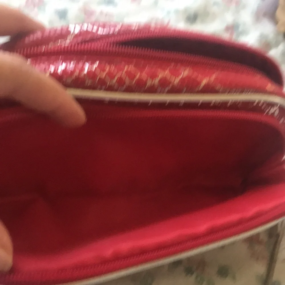 ELLE Bold and stylish Red cosmetic bag featuring Silver Snakeskin pattern.